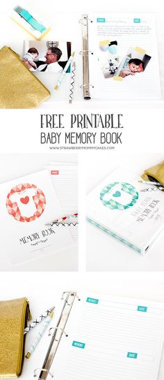 the free printable baby memory book is shown in three different pictures, including an envelope and