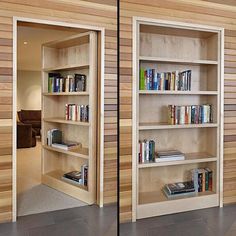 two open bookshelves in the middle of a room