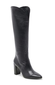 A pointy toe and stacked block heel balance a stylish boot shaped in a knee-high silhouette for versatile wear. 3" heel (size 8) 17 1/2" shaft; 15 1/2" calf circumference. Regular calf 17 1/2" shaft; 16 1/2" calf circumference. Wide calf Side zip closure Leather upper/synthetic lining/rubber sole Made in Brazil Dolce Vita Boots, Stylish Boots, Wide Calf, Boot Shoes Women, Knee High Boots, Side Zip, Knee High, Block Heels, Rubber Sole