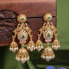 Beautiful peacock design Gold Wedding earrings embedded with Diamonds,Pearls and Emeralds. Gold Wedding Earrings, Pearls Jewellery, Temple Jewellery Earrings, Bridal Jewellery Earrings, Gold Jhumka Earrings, Antique Necklaces Design, Gold Jewelry Outfits, Gold Earrings Models, Modern Gold Jewelry