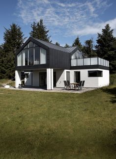 the house is surrounded by trees and grass