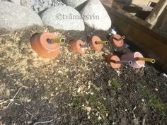 three plastic birds are in the dirt near some rocks