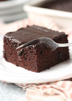 a piece of chocolate cake on a plate with a fork