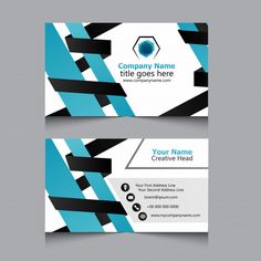 a business card with blue and black lines on the front, back and side view