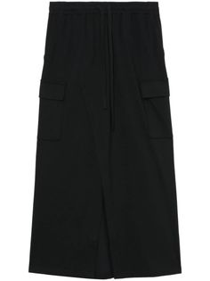 black elasticated drawstring waistband two side slit pockets two side cargo pockets rear welt pocket front slit calf-length Midi Skirt Black, Fringe Skirt, Black Midi Skirt, Mens Scarves, Scarf Men, Suit Accessories, Gray Skirt, Rugby Shirt, Drawstring Waistband