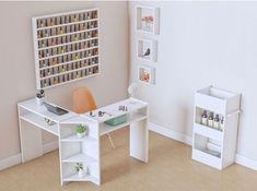 a white desk and chair in a room