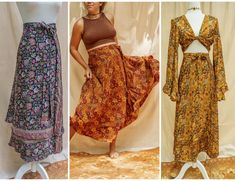 "The perfect summer wrap skirt is here: 2 layers of gorgeous silk fabric in a cascading wrap-around skirt style. Loops in the skirt belt allow for adjusted fit for waists from XXS-3X or up to 44\" waist! The perfect vibe for brunch, winery dates or just to feel like a boho goddess (channeling the outdoor goddess Eliza Thornberry herself) at home 😍 Pair with the matching top! Bell sleeve top has 18\" arm hole WILDFLOWER - dark rich blue with magenta, olive and turquoise woodsy accents HONEY BEE Spring Hippie Wrap Skirt, Bohemian Flowy Skirt Dress, Bohemian Flowy Dress With Lined Skirt, Bohemian Maxi Wrap Skirt, Flowy Bohemian Dress With Lined Skirt, Spring Festival Boho Print Skirt, Spring Bohemian Wrap Skirt, Spring Festival Boho Print Maxi Skirt, Bohemian Flowy Maxi Skirt For Summer