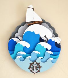 a clock with an image of a ship in the ocean on it's face