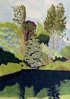 a painting of trees and water in the background