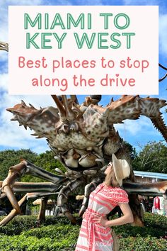 a woman standing in front of a statue with the words, best places to stop along the drive