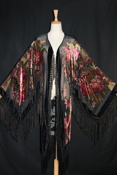 Art to Black Color Flower Burnout Velvet Fringe Opera Coat Duster Kimono Jacket Velvet Fringe Kimono, Goth Chic, Velvet Fringe, Velvet Kimono, Fringe Kimono, Kimono Duster, Burnout Velvet, Black Kimono, Velvet Coat