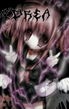 an anime character with pink hair and black clothes, holding her hands out to the side