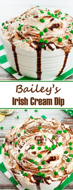 bailey's irish cream dip cake on a green and white striped tablecloth with text overlay