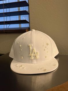 Distressed hat with pearls :) Bedazzled Hat, Hat With Pearls, Custom Fitted Hats, Dope Hats, Distressed Hat, Pearls Diy, Handmade Hat, Oct 1, Fitted Hat