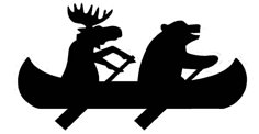 the moose and bear are riding in a canoe