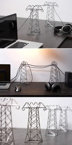 there are two pictures of electrical towers on the desk and one is made out of wire