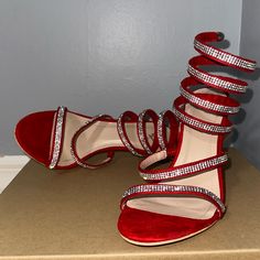 Red Heels With Sparkly Wrap Around, Very Cute And Almost Brand New Red Heels Quince, Quince Heels Red, Red Quinceanera Shoes, Red High Heel Heels For Prom, Red High Heels For Prom, Cute Red Heels, Party Sandals With Red Sole And Low Heel, Glamorous Red Heels With Wrapped Heel, Red Open Toe Heels For Prom