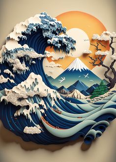 an image of a paper art with waves and trees on it's side, in the shape of a wave