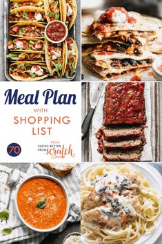 the meal plan for shopping list includes pasta, meat and other foods that are ready to be eaten