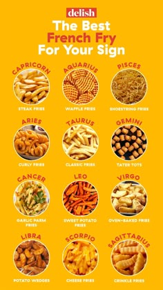 the best french fry for your sign is shown in red and yellow with different types of fries