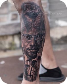 a man's leg with a black and grey portrait tattoo on his left calf