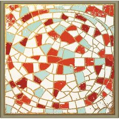 a red, white and blue mosaic tile pattern