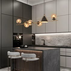 a modern kitchen with marble counter tops and bar stools