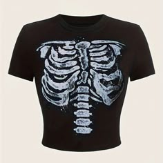 Short Sleeve Slightly Cropped Skeleton/Ribcage Graphic Tee! I Am Typically A M/L In Tops And I Found It To Be A Little Big In The Chest/Shoulders So I Would Say It Is True To Size Xl. Very Stretchy And Soft - 95% Poly 5% Elastane. New/Never Worn! Skeleton Shirt Aesthetic, Sheer T Shirt, Clothing For Flat Chested Women, Skeleton Shirt Design, Bleached T Shirt Designs, Unique Graphic Tees, Vampy Clothes, Skelanimals Shirt, Chaotic Shirts