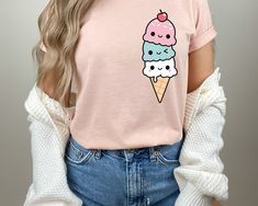 Ice Cream Shirt, Kawaii Ice Cream T-Shirt, Ice Cream Lovers T-Shirt, Ice Cream Tees, Ice Cream Lover, Summer Shirt, Cute Ice Cream Shirt Thank you so much for choosing us! How To Order 1️⃣ Please review all the information provided before placing an order. 2️⃣ Select the shirt type and size using the drop down menu. 3️⃣ Select the color of the shirt using the following drop down menu. 4️⃣ Once all your desired items are in your cart you may complete your order by entering your payment method, de Casual Spring T-shirt With Cute Design, Cute Cartoon Print Crew Neck T-shirt, Kawaii T-shirt With Funny Print For Summer, Pink Crew Neck T-shirt With Cute Design, Kawaii Funny Print Crew Neck Top, Kawaii Crew Neck Top With Funny Print, Kawaii Short Sleeve Tops With Letter Print, Kawaii Crew Neck Top With Letter Print, Cute Cartoon Print Short Sleeve Tops