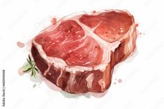 a piece of meat on top of a white surface with watercolor paint splots