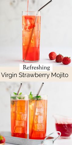 two glasses filled with different types of drinks and strawberries next to each other on a tray