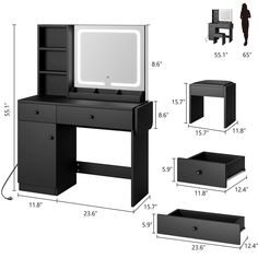 a black desk with drawers and a tv on it's stand next to an end table