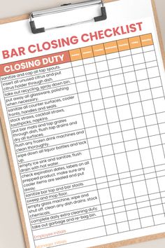 a close up of a clipboard with a checklist on it and the words, bar closing checklist