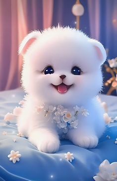 a small white dog sitting on top of a blue bed covered in snowflakes