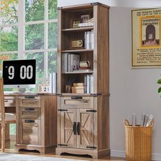 a wooden desk and bookcase in front of a window with the number 90 on it