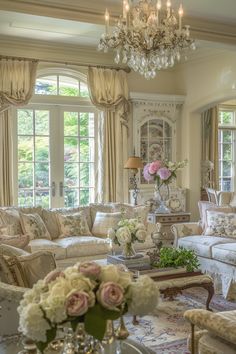 a living room filled with furniture and a chandelier hanging from the ceiling next to two windows