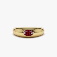 This 14k Gold Dome ring features a stunning 6x4mm oval cut natural ruby set in a high-polish 14k gold dome band. The warm yellow tone of the 14k gold band beautifully complements the rich red color of the ruby. The ruby is said to be a symbol of passion, love and power. It is also the birthstone of July. The oval cut of the ruby adds a touch of vintage elegance, and the gold dome band creates an elegant and classic look, making it a perfect choice for anyone who appreciates the natural beauty of gemstones and wants to add a touch of boldness to their jewelry collection. ▶  Features: * Made to Order * Gold Kt: 14K Solid Gold (also available in 18K) * Available Gold Colors: Rose Gold, Yellow Gold, White Gold * Oval Ruby: 1 pc 6 X 4 MM * Ruby Carat Weight: 0.49 ctw * Ready to Ship in 7-10 Bus Luxury Red Gemstone Dome Ring, Gold Dome Ring, Ruby Set, July Birthstone Ring, Natural Ruby Ring, Ring Ruby, Yellow Tone, Gold Armband, Dome Ring