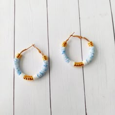 Hand Crafted Gold Hoop Heishi Clay Bead Earrings Hoop Size 1.57in/4cm Color Mix Of Goold, White And Blue Speckled Polymer Bead Earrings, Clay Bead Charms, Earrings Clay Polymer, Clay Bead Earrings Ideas, Clay Bead Jewelry Ideas, Clay Bead Necklaces, Heishi Bead Earrings, Clay Beads Earrings, Heishi Earrings