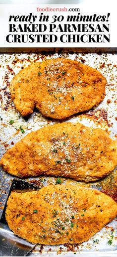 baked parmesan crusted chicken on a baking sheet with text overlay that reads ready in 30 minutes, baked parmesan crusted chicken