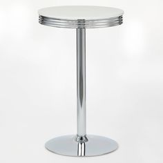 a round white table with chrome legs on a white background