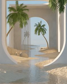 there are palm trees in the middle of an arch by the water and sand on the beach