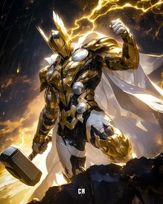 an image of a man in armor holding a hammer and standing next to a lightning storm