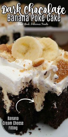 a close up of a piece of cake on a plate with whipped cream and bananas