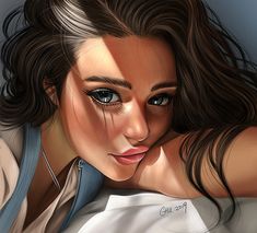 a digital painting of a woman with blue eyes and brown hair, wearing a white shirt