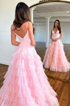 Deep V Neck Princess A-line Spaghetti Straps Zipper Back Long Tulle Pr – Weitese Dress