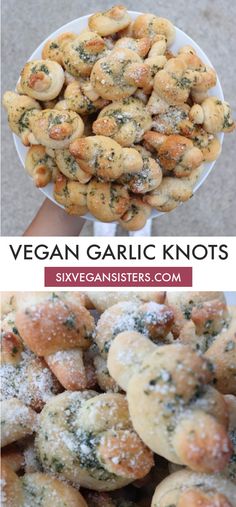 vegan garlic knots in a white bowl with text overlay