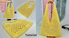 a crocheted yellow purse is shown with instructions to make it look like an umbrella