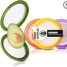 an avocado slice is shown next to three different colored lids for the lid