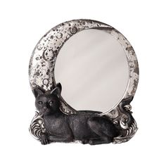 a black cat sitting in front of a mirror with an ornate border around the edge