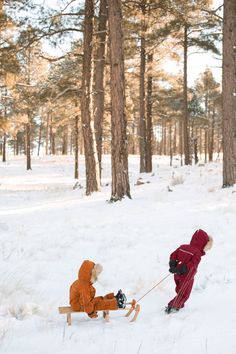 two children playing in the snow on a sled with one child wearing a red coat